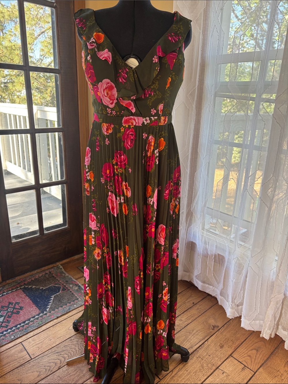 Guess Olive Maxi Dress with Pink & Orange Floral Print